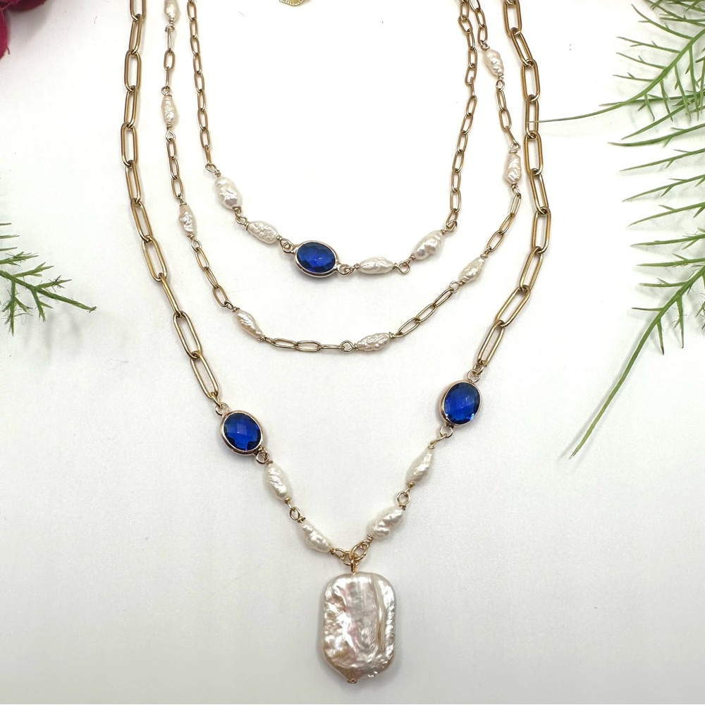 NEW⚜️Freshwater Baroque Pearl & Sapphire Crystal Necklace - Picture 7 of 7